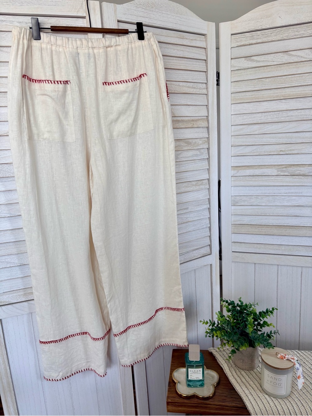 NWT Calypso St. Barth Linen Blend Wide Leg Pants White Red Whipstitch Size 8 - Picture 3 of 10